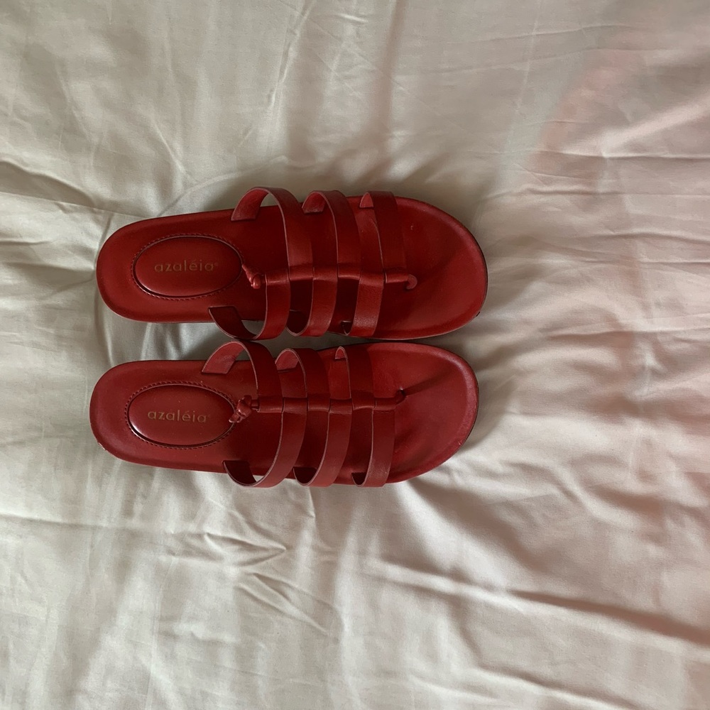 Red platform leather slides